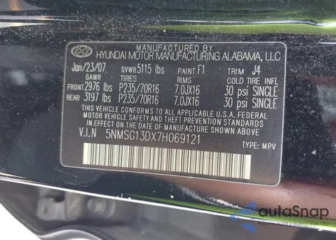 2007 Hyundai Santa Fe Gls from USA, damaged, VIN 5NMSG13DX7H069121